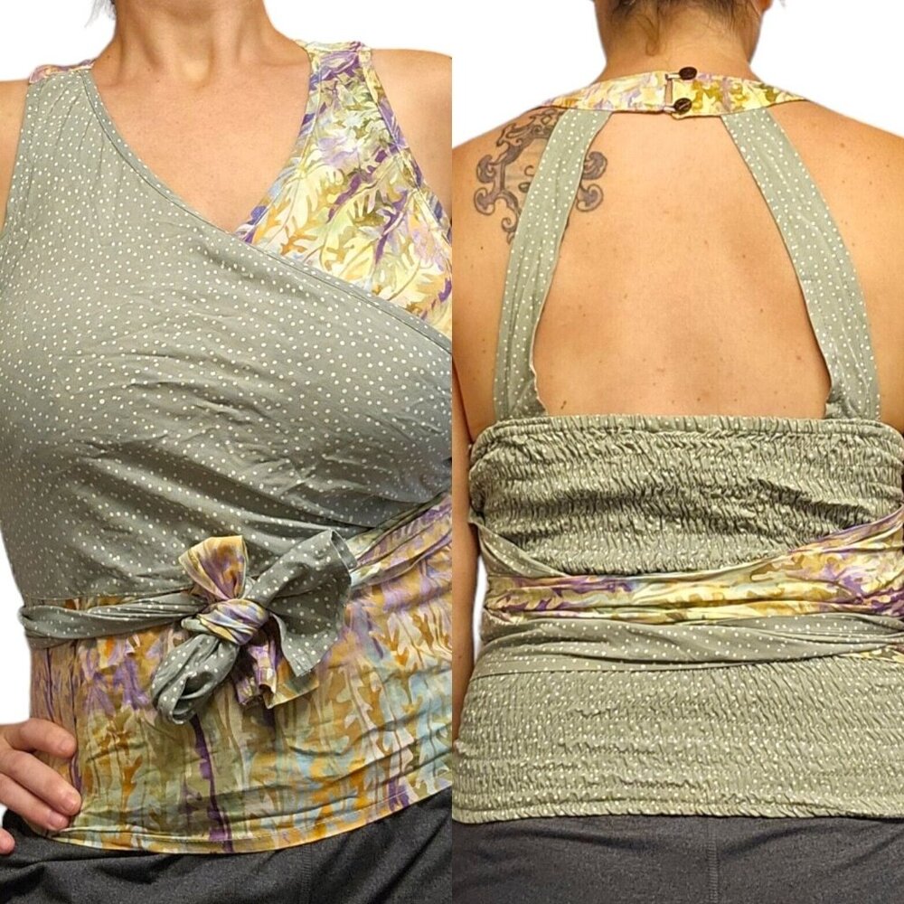 Womens Small Boho Wrap Smocked‎ Halter Top Sleeveless Rayon Sage Green Tiedye